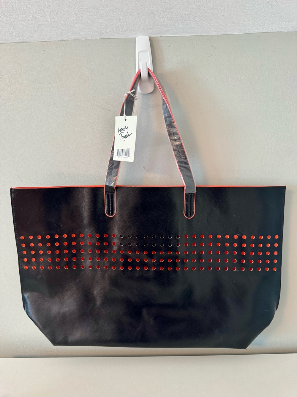 Lord & Taylor Black Tote with Orange-Red Perforated Accents NWT